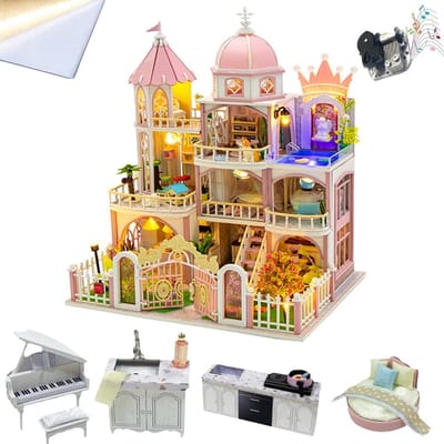 Houten Poppenhuis - Kasteel Model - Hobby Bouwen - Met LED Verlichting - 12 x 16 x 18 cm - Roze