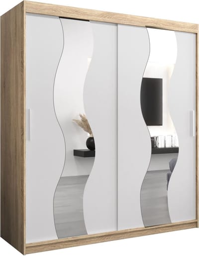 InspireMe - Kledingkast met 2 schuifdeuren, Modern-stijl, Een kledingkast met planken en een spiegel (BxHxD): 180x200x62 - REESE 180 Sonoma Eik + Wit Mat