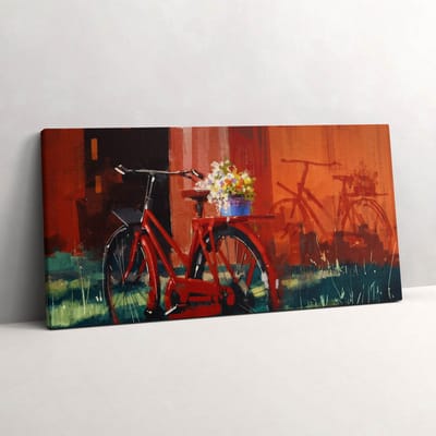 Wallfluent Foto Op Canvas Een fiets met een bloemstuk - 100 x 50 cm - Rood Canvas Schilderij - Voertuigen Foto Op Doek - Imitatie van een olieverfschilderij Print Van Doek - Kunst Schilderij Op Canvas