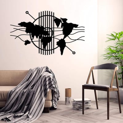 Wereldkaart Decoratie - Wanddecoratie Metaal - Woonkamer Aankleding - Uniek Ontwerp - 49 x 31 cm - Mat Zwart