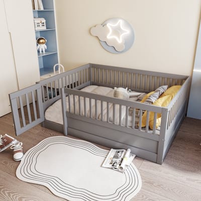 Kinderbed 140 x 200 cm - houten bedframe met leuning en deur - grijs - zonder matras