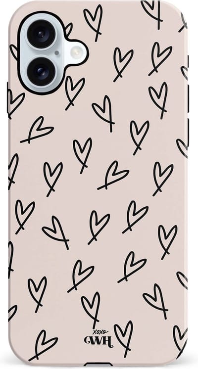 xoxo Wildhearts All Yours - Double Layer - Hoesje geschikt voor iPhone 16 case - Siliconen hoesje met hartjesprint - Hartjes - Hardcover - Beschermhoes - Optimale bescherming - Dubbele beschermlaag - Beige - Zwart