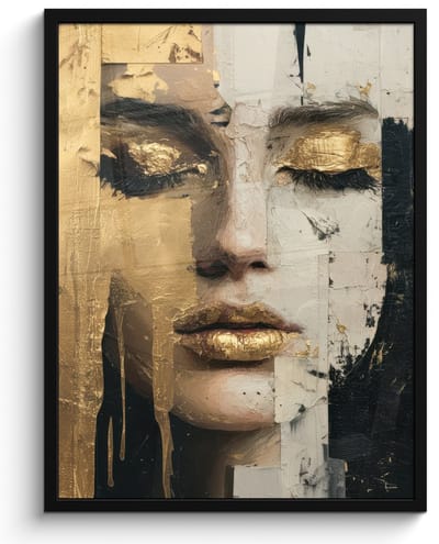 Poster in lijst - Fotolijst 60x80 cm - Posters - Abstract - Goud - Gezicht - Lippen - Posterlijst zwart - Decoratie - Wanddecoratie woonkamer - Muurdecoratie slaapkamer