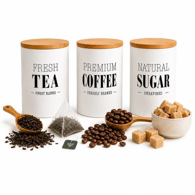Voorraadpotten Set van 3 – Tea Coffee Sugar Voorraadpotten – Keramiek met Bamboe Deksel – 800 ml – Wit – Ø10 x 15 cm