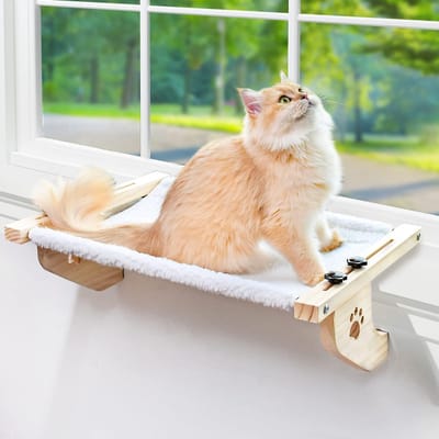 Famanu – Stevige kattenraambaars met hout en metalen frame, verstelbaar kattenbed voor vensterbank