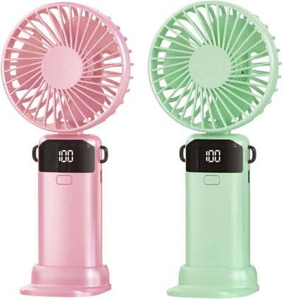 Set van 2 oplaadbare handventilatoren, 3-in-1 miniventilatoren (handventilator/nekventilator/bureauventilator), draagbare handventilatoren met 5 snelheden, instelbare windsnelheid, geschikt voor gebruik binnenshuis (roze, groen)