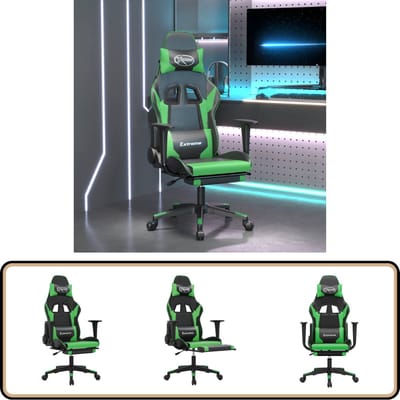 vidaXL - Massage - gamestoel - met - voetensteun - kunstleer - zwart - en - groen