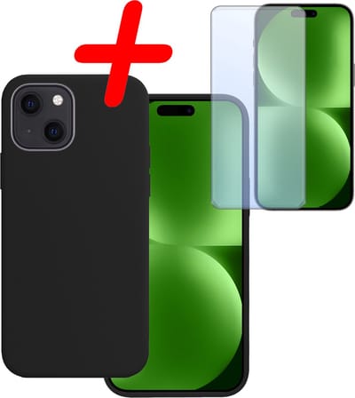 Hoesje Met Screenprotector - Geschikt voor Apple iPhone 15 - Sterk & Shockproof - Back Cover - Siliconen Case - Telefoon Hoes - Zwart