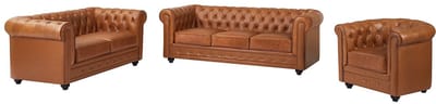 Vente-unique Driezitsbank, tweezitsbank en fauteuil van camelkleurig vaarsleer CHESTERFIELD