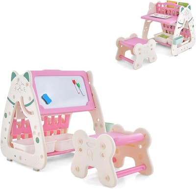 3-in-1 Kindertafel en Stoelset met Magnetische Ezel en Boekenplank voor Kinderen van 1-5 Jaar