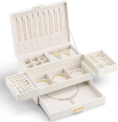 Grote Sieradenbox voor Vrouwen met Uittrekbare Lade en Organizer voor Kettingen, Ringen, Armbanden en Oorbellen - Beige