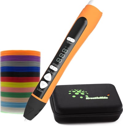KreativKids® 3D Pen Starterspakket - Inclusief 12 Kleuren PLA Filament - LCD-scherm - Ergonomisch Design - Geschikt voor Kinderen en Volwassenen - Oranje - Met Opbergkoffer