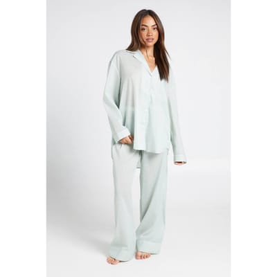 boohoo Dames Katoenen Gestreepte Oversized Pyjama Set Met Lange Mouwen Shirt & Broek | Green | Maat: 6