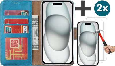 Hoesje met 2 Stuks Screenprotectors Geschikt voor iPhone 15 – Arara bookcase met pasjeshouder - Blauw