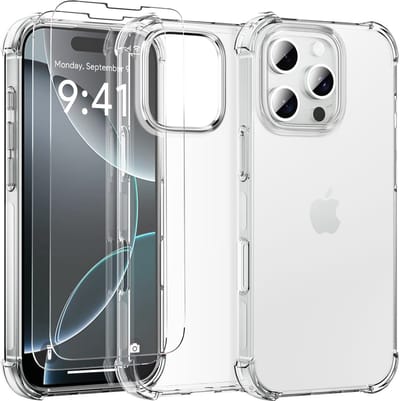 Hoesje Geschikt voor iPhone 16 Pro - transparant Anti Shock silicone hoesje met 2 Pack Screenprotectors tempered glass