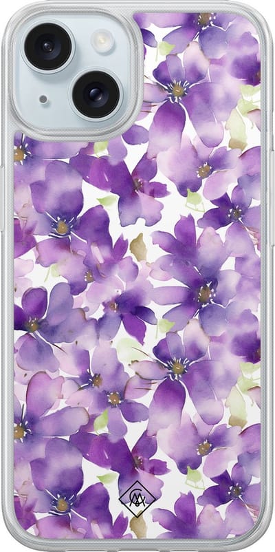 Casimoda® hoesje - Geschikt voor iPhone 14 - Floral Violet - 2-in-1 case - Schokbestendig - Bloemen - Verhoogde randen - Paars, Transparant