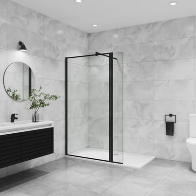 Inloopdouche-douchewand 140+30x195cm,8 mm mat zwart kader en raste gehard glas,eenvoudig te reinigen,antikalk,stabilisatiestang 140cm (snijdbaar),mat zwart aluminium profiel.