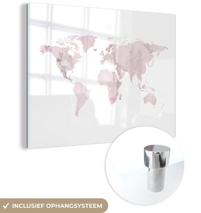 ® Glasschilderij 80x60 cm - Schilderij acrylglas - Wereldkaart - Roze - Marmer - Foto op glas - Muurdecoratie woonkamer - Wanddecoratie slaapkamer - Schilderijen