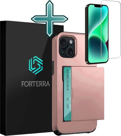 Hoesje Geschikt voor iPhone 14 Pashouder Hard Case Hoes Met Screenprotector - Hoes Geschikt voor iPhone 14 Hoesje Back Cover Met Pasjeshouder - Rosé goud