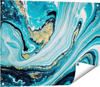Gards Tuinposter Abstracte Luxe Kunst in het Blauw met Goud - 80x60 cm - Tuindoek - Tuindecoratie - Wanddecoratie buiten - Tuinschilderij