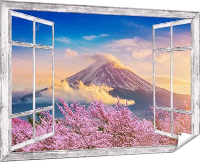 Gards Tuinposter Doorkijk Fuji Berg met Roze Bloesembomen - Bloemen - 180x120 cm - Tuindoek - Tuindecoratie - Wanddecoratie buiten - Tuinschilderij