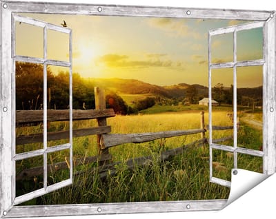 Gards Tuinposter Doorkijk Boerderij Hekken op het Grasveld - 120x80 cm - Tuindoek - Tuindecoratie - Wanddecoratie buiten - Tuinschilderij