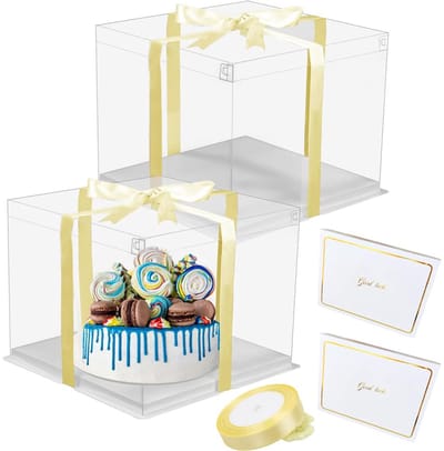 lbxtswpl lbxtswpl Geschenkdoos, transparant, 2 stuks taartkarton, 10,2 cm, doorzichtige taartdoos, geschenkdoos, dubbellaagse taartdoos met lint, wenskaart voor verjaardag, dessert (17 x 17 x 20 cm)