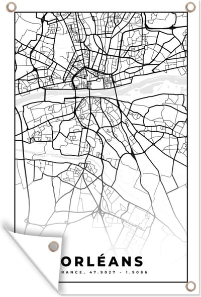 Muurdecoratie Frankrijk - Kaart - Orléans - Plattegrond - Stadskaart - Zwart wit - 120x180 cm - Tuinposter - Tuindoek
