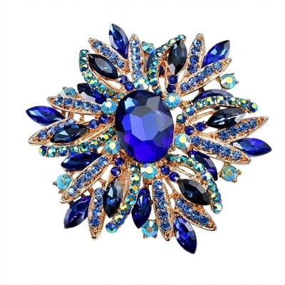 Blauwkleurige bloem broche dames – metalen broche met grote bloemvorm en facet geslepen blauwe steentjes – decoratieve speld in vintage stijl voor sjaal, jas of kledingaccessoire