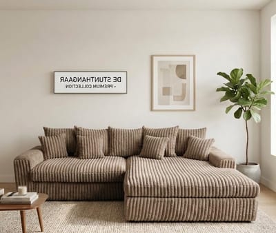 Hoekbank Jmb- Taupe- ultra dikke ribstof- Lounge Rechts- hoeksalon Taupe Rechts