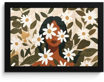 Poster in lijst - Fotolijst 30x20 cm - Posters - Illustratie - Vrouw - Madeliefjes - Wit - Posterlijst zwart - Decoratie - Wanddecoratie woonkamer - Muurdecoratie slaapkamer