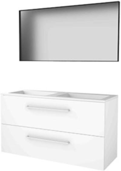 Basic-Line Framed 46 Badkamermeubelset - 120 x 46 cm - Met Grepen - 2 Lades - Acryl Wastafel - 2 Kraangaten - Spiegel met Zwart Aluminium Frame - Ice White