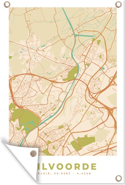 Muurdecoratie Plattegrond - Stadskaart - Vintage - Vilvoorde - Kaart - 120x180 cm - Tuinposter - Tuindoek