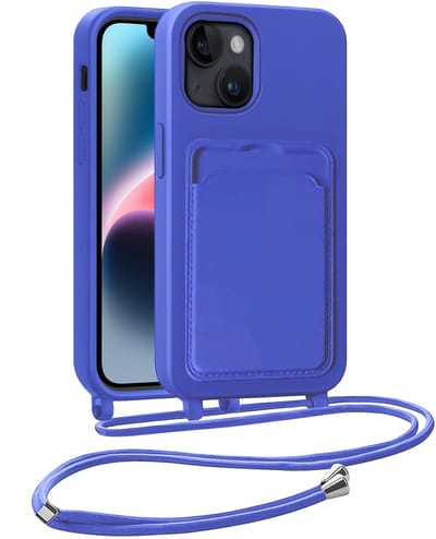 Hoesje Geschikt voor iPhone 13 Telefoonhoesje Met Koord Case Pashouder Siliconen - Hoes Geschikt voor iPhone 13 Hoesje Met Kaarthouder - Felblauw