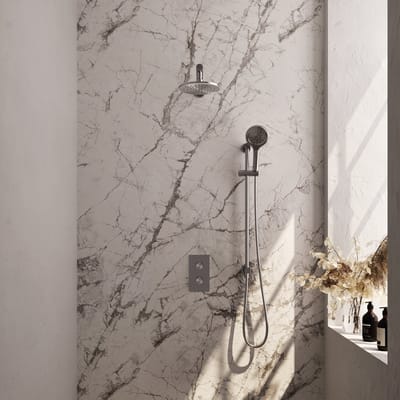 Brauer Brushed Carving thermostatische inbouw regendouche 3-weg omstelling SET 43 met 20 cm douchekop en rechte muurarm en 3-standen handdouche en doucheslang en geïntegreerde glijstang RVS geborsteld PVD