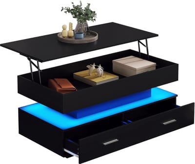 Merax Verstelbare Salontafel 100x50x44cm met 2 Lades en Open Opbergruimte – Hydraulisch Hefbaar Tafelblad – Tafel met LED Verlichting via Bluetooth en APP – Zwart