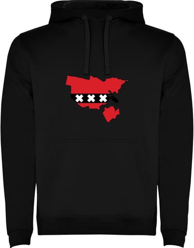 Zwarte Hoodie Amsterdam - een Vlag van Amsterdam als plattegrond van de stad - drie keer kruis - Stoer Maat M