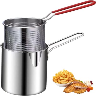 Kleine Frituur Pan - Friteuse - 304 Roestvrij Stalen Diepe Friteuse met Mand - Multifunctionele Friteuse voor Keuken en Thuis - Zilverkleurig