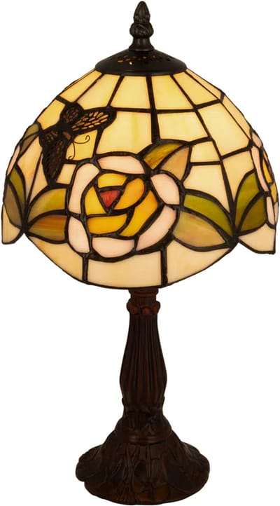 Tiffany tafellamp bloemen en vlinder – warm licht – Ø 20 cm – H 36 cm