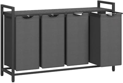 Furnstar Wasmand - Wasverzamelaar met plank - Wasbox - Afneembare waszak van Oxford stof - 4 vakken - Metalen frame - 160L - 116 x 33 x 72 cm - Zwart en grijs