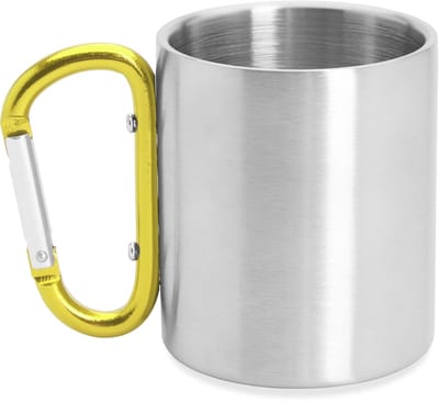 RVS mok model Guaya met gekleurde karabijnhaak als handvat- Geel - 230 ML - Beker zonder deksel - kan aan rugzak gehangen worden - Reizen - Thee - Koffie. Geschikt voor laser