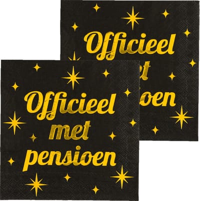 Paperdreams Verjaardag feest servetten - Officieel met Pensioen - 32x stuks - zwart/goud - 33 x 33 cm