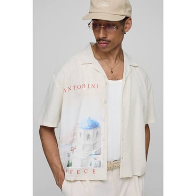Oversized Boxy Linen Blend Landscape Shirt | Ecru | Size Small