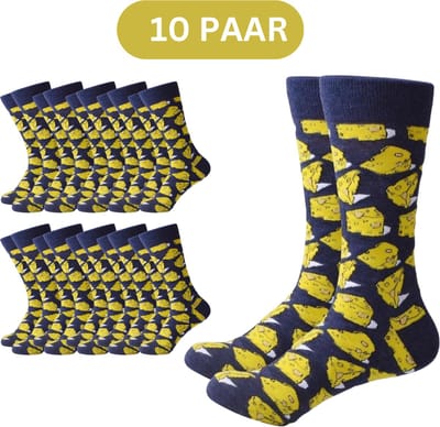 10 paar Grappige Heren Sokken "Kaas" - Maat 40-46 - Kaasblokjes/Gatenkaas/Eten