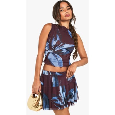 boohoo Dames Bloemenprint gestapelde mini-rok | Chocolate | Maat: 6