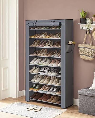 Schoenenrek met 10 niveaus, 28 x 88 x 160 cm, schoenenkast, schoenenopberger, met stofkap, schoenenopberger, voor hoge hakken, sportschoenen, metalen frame, grijs RXJ36G
