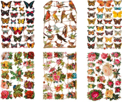 Poëzieplaatjes - 6 vellen - Vlinders, Bloemen en Vogels. - 2 - Leuk voor o.a. Poëziealbum, bulletjournal, scrapbooking en het maken van kaarten