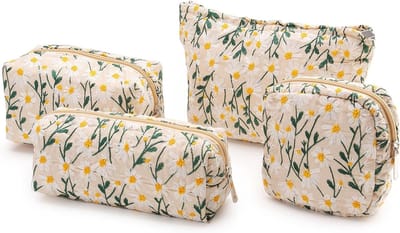 Kleine Make-up Tas voor Vrouwen en Meisjes - Organisator voor Reizen met Geborduurde Margrieten in Beige