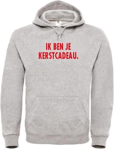 Foute kersttrui hoodie grijs S - Ik ben je kerstcadeau - rood glitter - soBAD. | Kersttrui soBAD. | kerstsweaters volwassenen | kerst hoodie volwassenen | Kerst outfit | Foute kerst truien