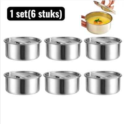1 set(6 stuks) - Stoominzetten - Dikwandig RVS Stoombakje met Deksel – Hittebestendige Voedingkom– Multifunctioneel voor Stomen van Eieren, Groente en Vlees - Zilver